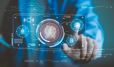 Yapay zeka, veri koruması, makine öğrenmesi, dijital dönüşüm ve teknoloji yeniliği. Profesyonel dokunmatik yapay zeka beyin arayüzü, siber güvenlik ve bulut hesaplama simgeleri.