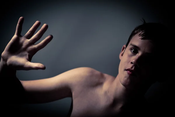 Shirtless Teenage Boy Holding Up Hand to Camera — Φωτογραφία Αρχείου