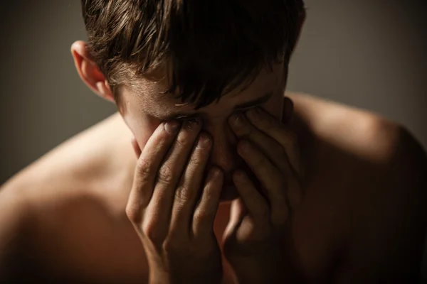 Shirtless Teenage Boy Hiding Face in Hands — Stock Photo, Image