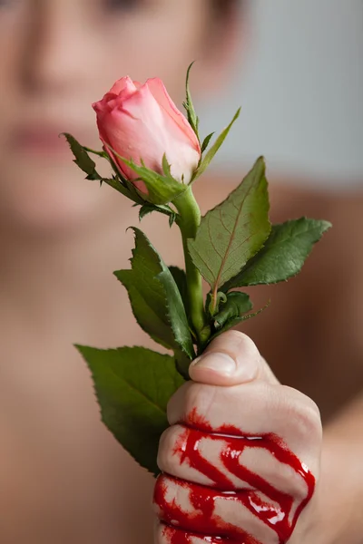 Niño embrague rosa rosa en sangre cubierto puño — Foto de Stock