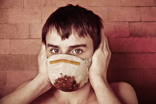 Young Teen Boy Wearing Blood Soaked Surgical Mask — Stock Photo, Image