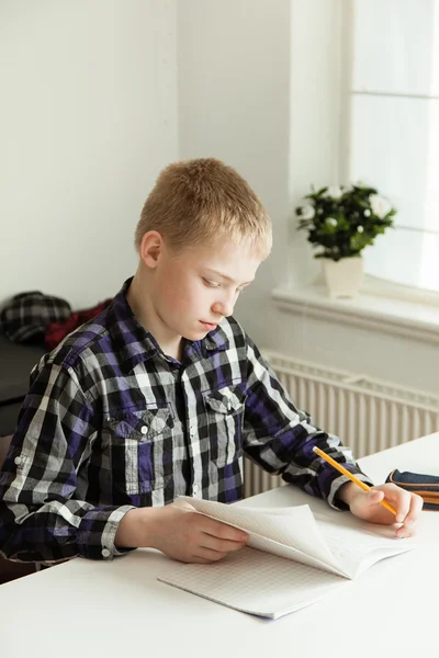 Mladí dospívající chlapec sedí u stolu, dělat domácí úkoly — Stock fotografie
