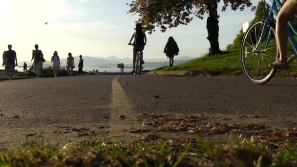 Meninas andando de bicicleta Vancouver costa do oceano — Vídeo de Stock