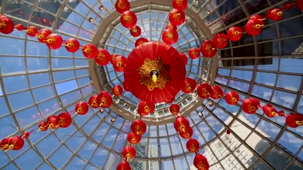 Transparent ceiling blue sky red lamps — Stock Video