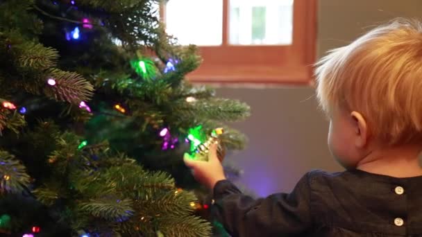 Menina ajudando mãe decoração árvore de Natal — Vídeo de Stock