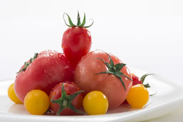 É uma fotografia de tomates frescos e mini-tomates . — Fotografia de Stock