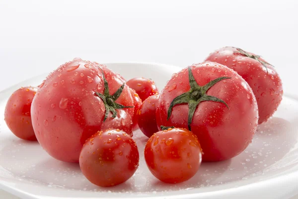 It is a photograph of fresh tomatoes and mini tomatoes. — Stock Photo, Image