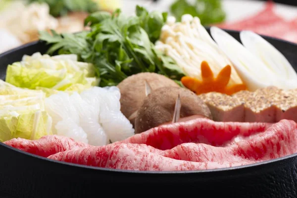 Delicious Japanese Hot Pot Dish Cooked Fresh Beef — Fotografia de Stock