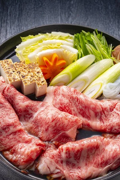Delicious Japanese Hot Pot Dish Cooked Fresh Beef — 스톡 사진