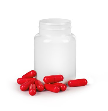 Kırmızı hapları ve pill şişe beyaz bir arka plan üzerinde