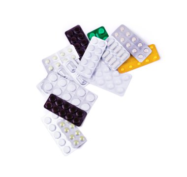 Beyaz arka plan üzerinde renkli tıp hapları