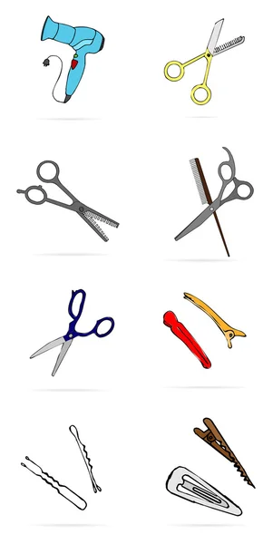 Набор символов парикмахерского оборудования на белом фоне — стоковый вектор