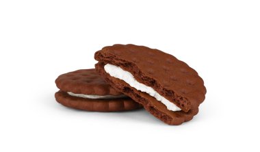 Beyaz arka planda izole edilmiş iki çikolatalı kurabiye.