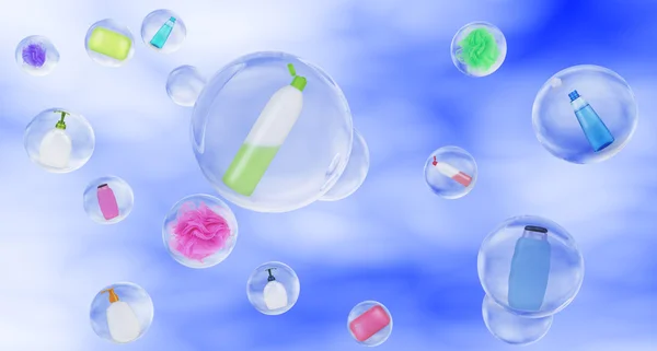 Гігієна в мильних бульбашках на фоні неба концепція миття — стокове фото