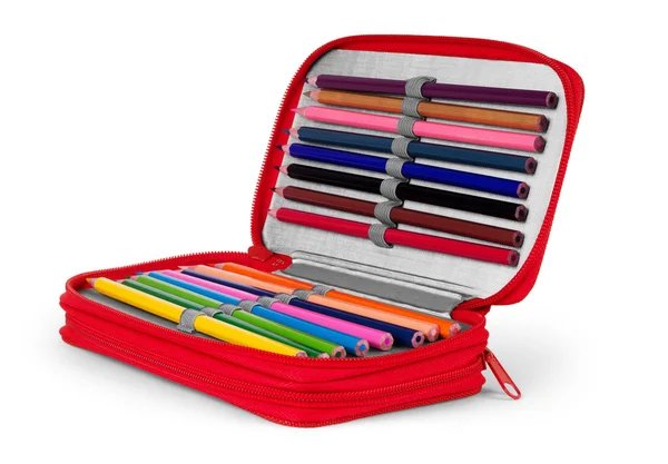 Schreib- und Zeichenwerkzeuge in einer Bleistiftbox für Schule, Büro und — Stockfoto