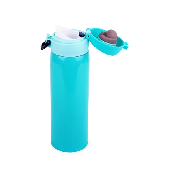 Blaue Und Schwarze Thermoskanne Thermoflasche Auf Weißem Hintergrund Isoliert — Stockfoto