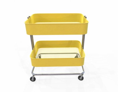 Beyaz arka planda turuncu alışveriş arabası 3D görüntüleme.