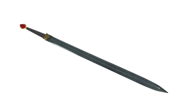 Uma Espada Comprida Fantasia Com Crânio Ouro Num Fundo Branco — Fotografia de Stock