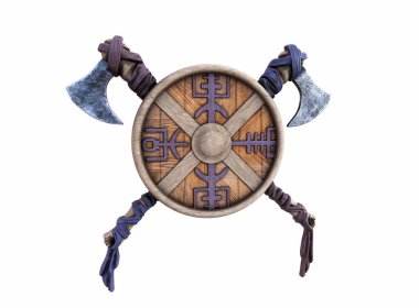 İzole edilmiş beyaz bir arka planda Viking savaş baltası ve kalkanı. 3d hazırlayıcı