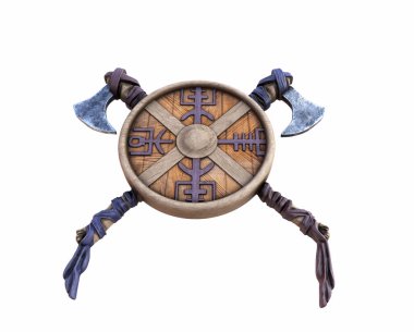 İzole edilmiş beyaz bir arka planda Viking savaş baltası ve kalkanı. 3d hazırlayıcı