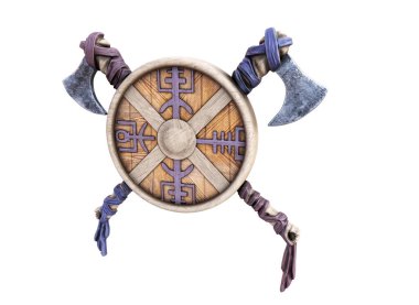 İzole edilmiş beyaz bir arka planda Viking savaş baltası ve kalkanı. 3d hazırlayıcı