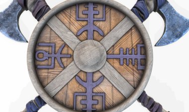 İzole edilmiş beyaz bir arka planda Viking savaş baltası ve kalkanı. 3d hazırlayıcı