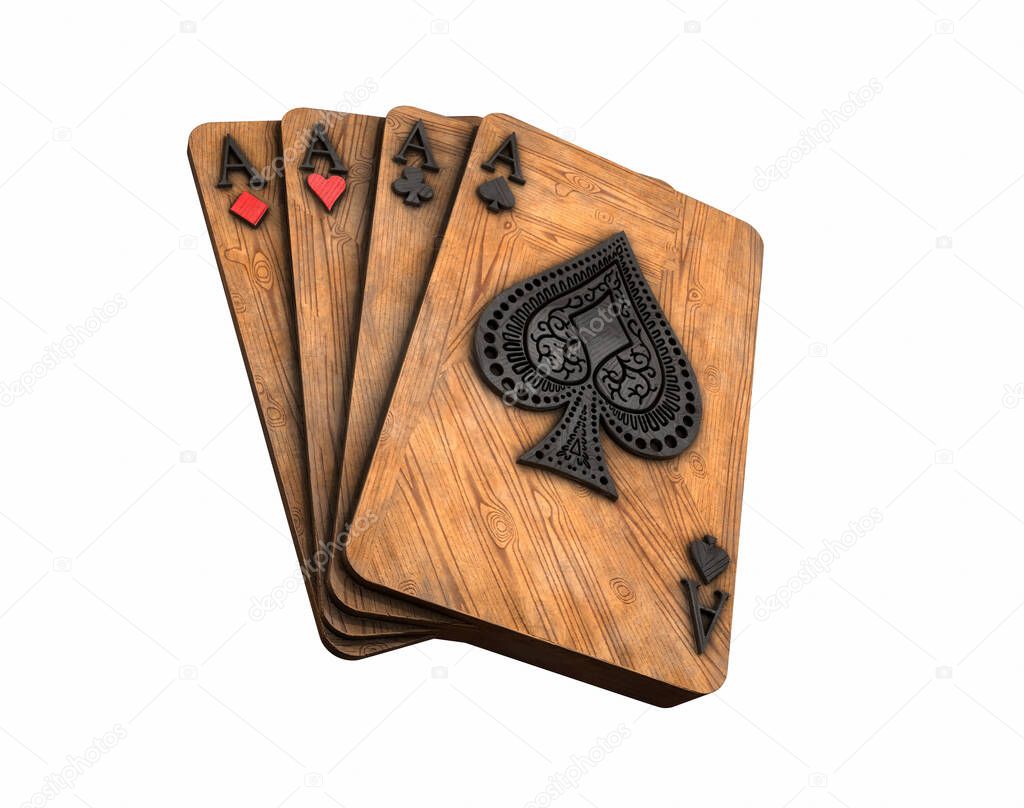 Four aces in five playing card with black gold design on background. chip gold 3d model illustration 3d render