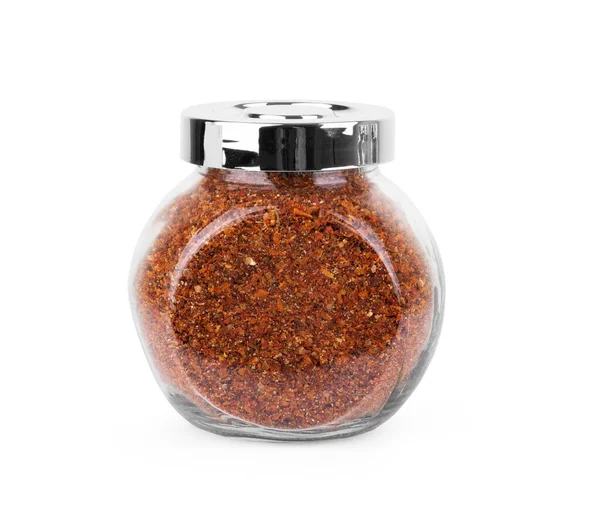 Glass Jars Various Spices Flying White Background — Stock Photo, Image