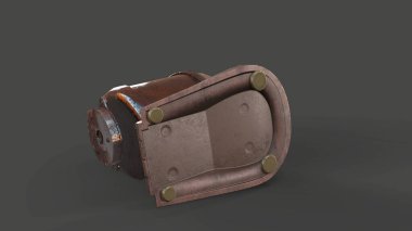 Paslı, eski, antika bir elektrikli süpürge elle güçlendirilmiş, beyaz üzerine izole edilmiş, 3 boyutlu bir kalem açacağı.