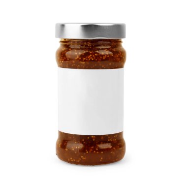 Fig jam in a glass jar on white background