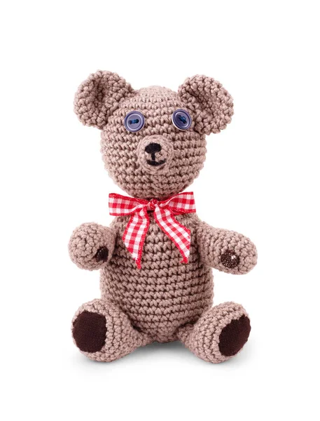 Zabawny Ręcznie Robiony Miś Białym Tle Amigurumi Zabawka Zwierzęta Wypchane Obrazek Stockowy