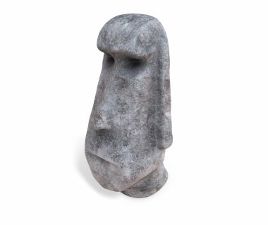 Siyah arka planda yüzü olan bir kafa şeklinde stilize edilmiş taş heykel. 3d oluşturma