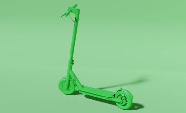Tek renk stüdyo yeşil spor ekipmanı scooter yeşil arka planda, sağlam arka plan, düz zemin, 3D görüntüleme