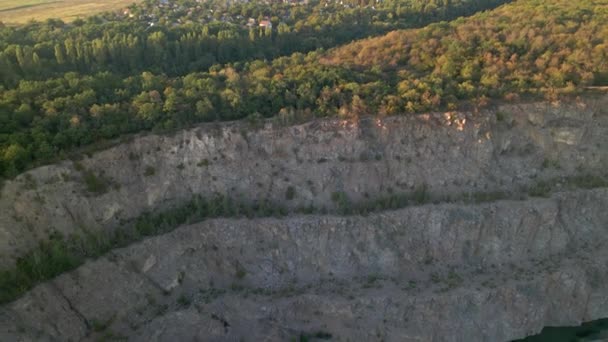 Aerial drone view of career in Europe, crushed stone quarry at summer sunset — Stock Video