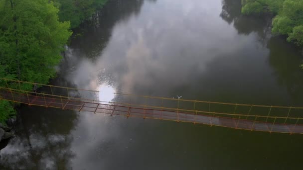 Légi felvétel a szuszpenziós hídról két fehér madárral a kis folyó felett, nyári felhős napokon, enyhe esővel. — Stock videók
