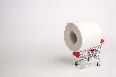 Oyuncak alışveriş arabasındaki tuvalet kağıdı, koronavirüs salgınından dolayı depolama konsepti. Karantina sırasında panik halinde tuvalet kağıdı alımı.