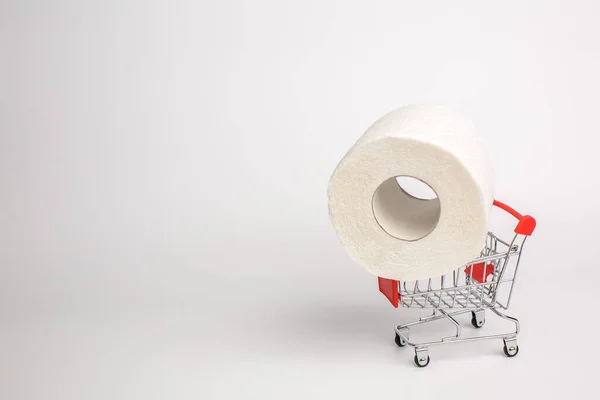 Roll Toiletpapier Een Speelgoedtrolley Een Witte Achtergrond Een Close Paniek — Stockfoto