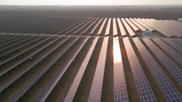Letecký letoun při časném jarním západu slunce pohlédne na velké solární panely na solární farmě. Solární elektrárny. video záběry 4k. — Stock video