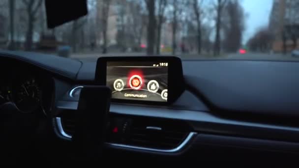 Touch screen in modern sport car interior. GPS navigation and other capabilities and connections — Stock Video