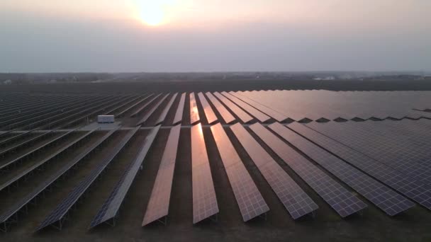 O drone sobrevoa a Solar Farm. Energia verde renovável e tecnologia elétrica. Campo de painéis solares está em uma fileira nos campos de produção de energia no dia ensolarado. Conceito de energia verde. — Vídeo de Stock