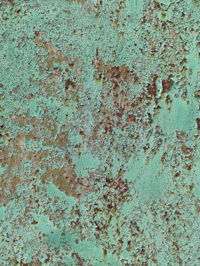 Aşınmış metal zemin. Paslanmış Cyan boyalı metal duvar. Paslı metal arka planda pas izleri var. Pas lekeleri. Metal yüzey paslanmış lekeler. Rystycorrosion.