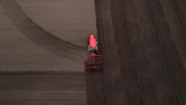 Сільськогосподарський червоний невеликий трактор в польових оранках, працює в полі. Політ над трактором, що працює в полі. Трактор плутає польовий повітряний повільний перегляд . — стокове відео