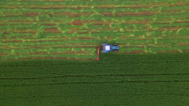 Вид зверху на повітря Стрижка з сільськогосподарською машиною, трактор з косаркою на великому полі ферми — стокове відео