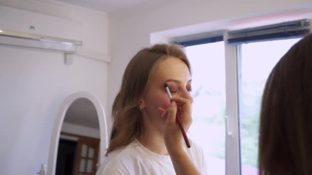 Close-up van het gezicht van jonge mooie vrouw met lang haar krijgen professionele service in schoonheidssalon, make-up kunstenaar zetten rouge op wang van de vrouw met behulp van borstel. — Stockvideo