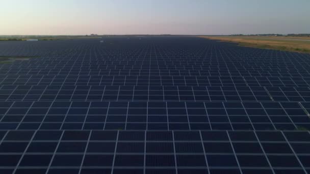 Drone närbild flyger över stora solpaneler på en solgård på solig sommarkväll. Solcellskraftverk, grönt gräs. Videofilm 4k. — Stockvideo