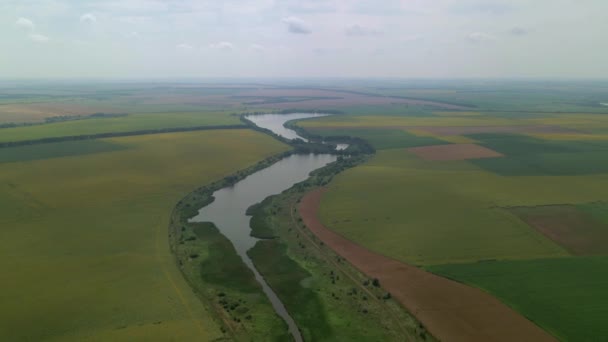 Drone voa acima de uma bela paisagem de verão com um rio em dia nublado. Vista aérea de drone voa sobre uma paisagem incrível no verão. — Vídeo de Stock