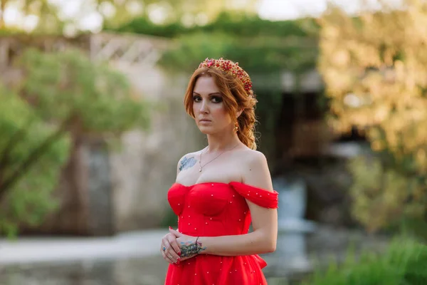 Portrait Attractive Redhead Tattooed Woman Red Dress Diadema Her Head — Stock Photo, Image
