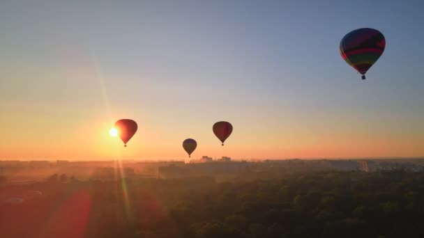 Aerial drone view silhouette of colorful hot air balloon flying over green park in small european city at summer sunrise. Vídeo HDR — Vídeo de stock