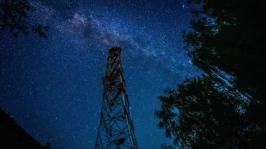 Çarpıcı astronomi zaman çizelgesi yıldızların hareketlerini ve Samanyolu 'nu bir iletişim direğinin üzerinde gösteriyor. Kozmos ve karanlık orman siluetleriyle sinematik gece manzarası