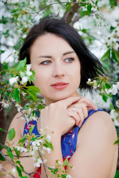 Девушка среди цветущих деревьев — стоковое фото